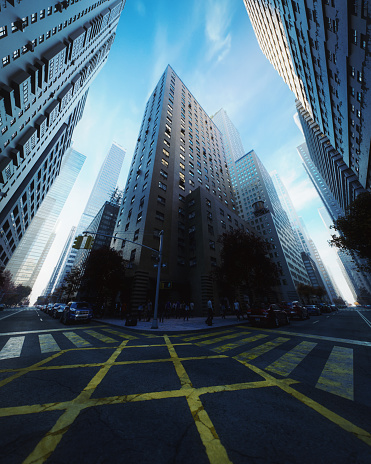 Digitally generated low angle view that captures towering presence of skyscrapers as they dominate the urban landscape, creating a canyon of architectural grandeur on a city street.\n\nThe scene was created in Autodesk® 3ds Max 2024 with V-Ray 6 and rendered with photorealistic shaders and lighting in Chaos® Vantage with some post-production added.