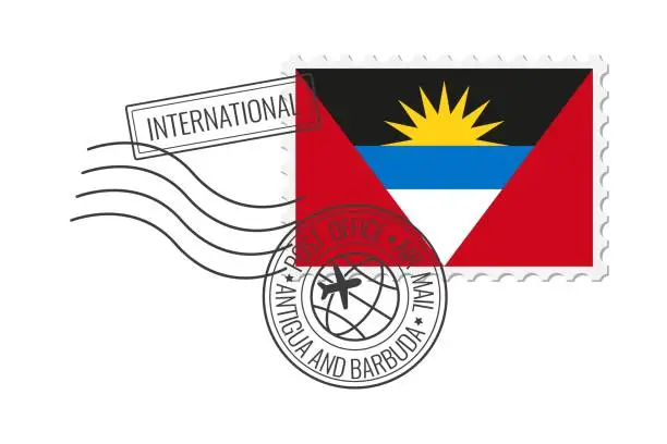 Vector illustration of Antigua and Barbuda  postage stamp. Postcard vector illustration with national flag of Antigua and Barbuda isolated on white background.