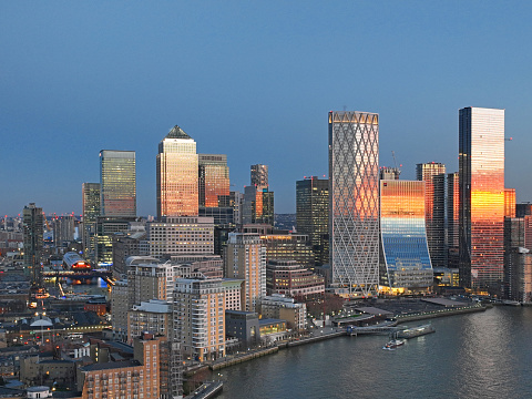 Aerial view of city skyline at twilight, Canary Wharf, London