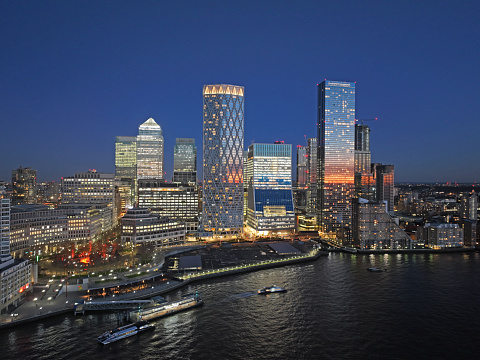 Aerial view of city skyline at twilight, Canary Wharf, London
