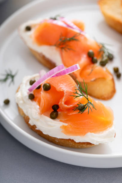istock Salmon and cream cheese bruschetta with dill and capers 1968520220