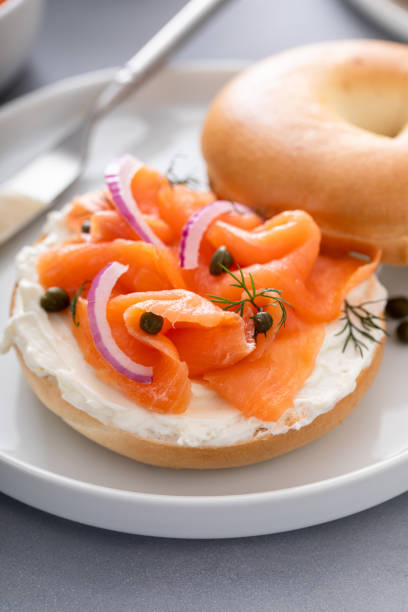 istock Plain bagel with salmon and cream cheese with fresh dill and capers 1968520229