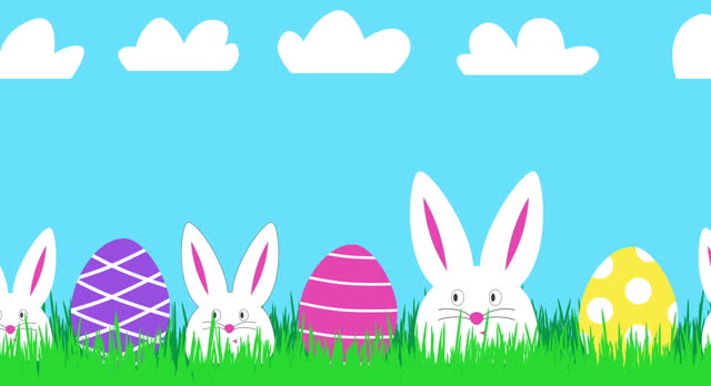 Happy Easter animated banner with three funny white rabbits and colorful Easter eggs. Easter cute bunny in green grass. Festive Easter video in bright colors