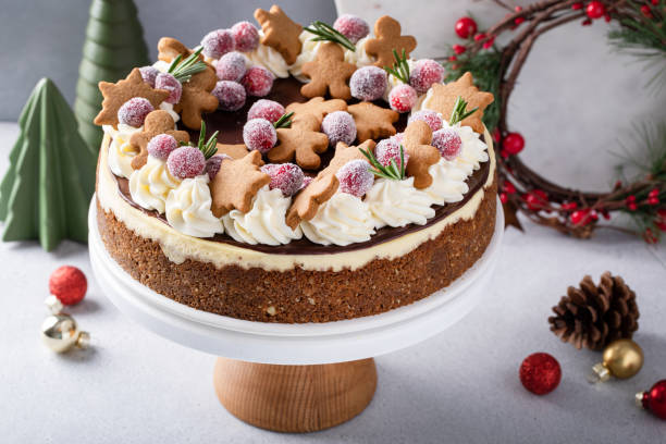 Festive Christmas cake idea, cheesecake decorated with gingerbread cookies and sugared cranberries