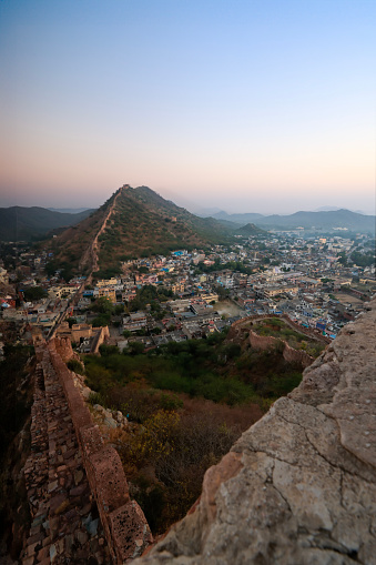 Top view at Nahargarh Fort ancient Mughal wall in morning sunrise at Jaipur in India.