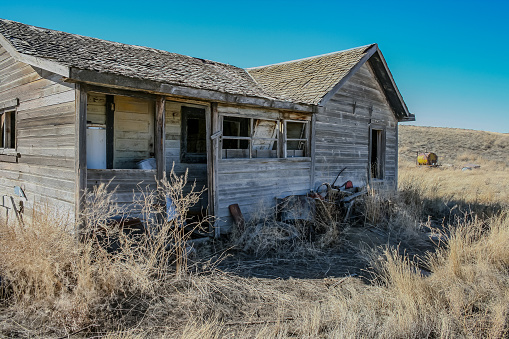 Photo shows an old wood house in Southern Alberta, Canada.  It has a covered porch and there is trash piled up around and in it.  Built in the early 1900’s and abandoned for decades, there is extensive wear showing to the wood and metal.  This house was built for settlers who moved up from the United States.  It was torn down in 2008 to make room for an expanded highway.