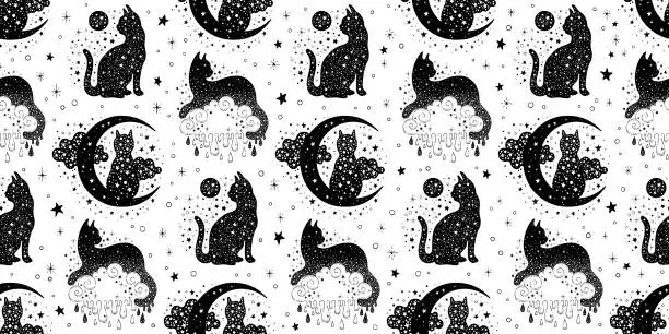 Vector illustration of Cat with moon background pattern. Cute night illustration. Star cats seamless pattern. Witch animal background. Psychedelic, galaxy, magic, gothic element. Esoteric pet wallpaper. Halloween silhouette