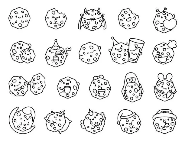 Vector illustration of Cute kawaii cookies. Coloring Page. Cartoon choco chip characters. Funny food. Hand drawn style. Vector drawing. Collection of design elements.