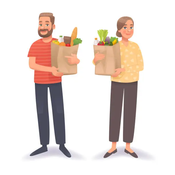 Vector illustration of Happy man and woman with a package of groceries. Grocery store shoppers on isolated background. Vector illustration in cartoon style