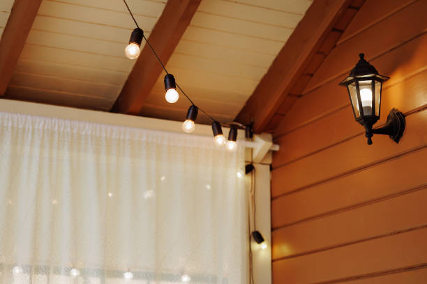istock Illuminated string lights on a wooden patio. 1968813650