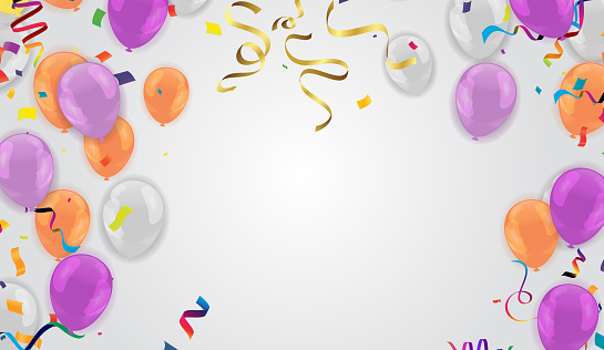 Birthday background with colorful balloons and confetti. Vector illustration.