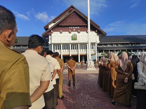 Banda Aceh - Indonesia. January 29, 2024\n\nCivil servants' morning roll call routine at the Aceh Governor's office in order to improve employee discipline ahead of the 2024 election.