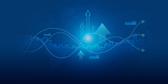 Business growth arrow up digital on blue dark background, investment graph technology circuit to success, financial data technology strategy, market chart profit money, abstract finance background