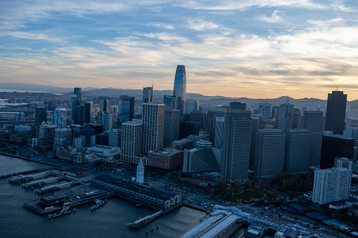 Aerial view of city skyline and harbour at dusk, San Francisco