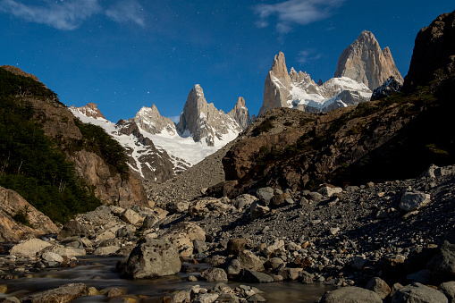 View across moraine rocks to the spires of Fitzroy