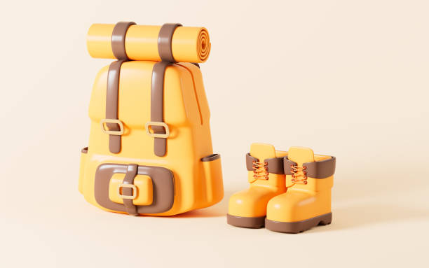 istock Cartoon hiking bag and hiking boots, 3d rendering. 1968872095