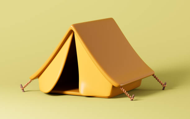 Cartoon tent and bonfire, cartoon camping, 3d rendering. 3d illustration.