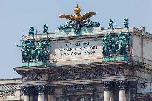 Vienna, Austria. June, 20 - 2013: Detail of the facade of the Neue Burg wing of the Hofburg palace in Vienna, Austria.