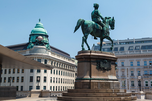 Vienna, Austria. June, 20 - 2013: Bronze Statue of horseback riding Archduke Albrecht in Vienna, Austria.