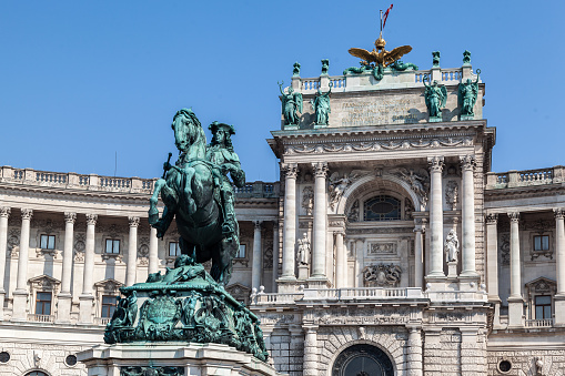 Vienna, Austria. June, 20 - 2013: Prince Eugene equestrian bronze statue in front of the Hofburg palace in Vienna, Austria.