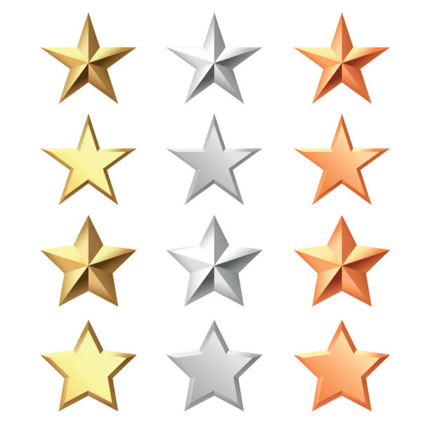 istock Golden, bronze, silver glossy metallic stars 3d realistic style. 1, 2, 3 place symbols. 1968938053