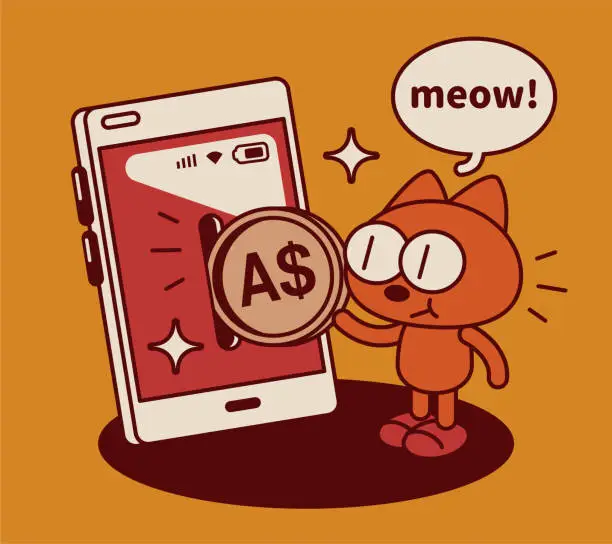 Vector illustration of A quirky and cute kitten put money into a big smartphone