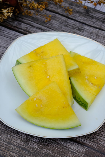 Watermelon (Citrullus lanatus) is a fruit that comes from the African desert. Yellow watermelon has a higher vitamin C content than  watermelon. Good for boosting immune system.