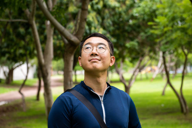 Korean man exercising in a public park in Querétaro, Mexico