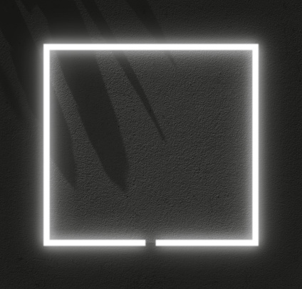 Black and white or monochrome image. Dark concrete wall and palm leaves shadow with fram of glowing neon light and square shape
