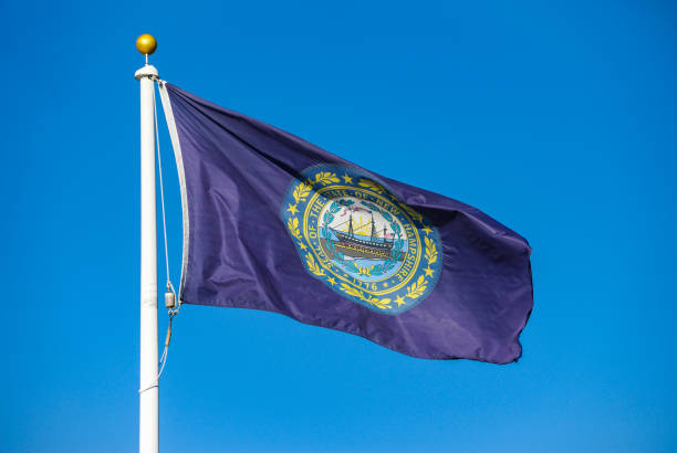 New Hampshire state flag waving on the pole in the wind