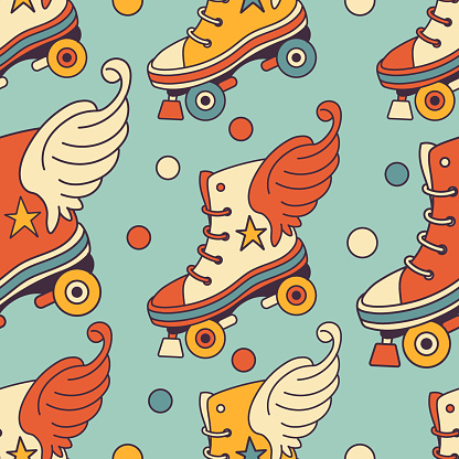 Retro groovy seamless pattern with roller blades. Fun retro rollers. All over design. Vintage wallpaper, digital paper. Repeat vector background