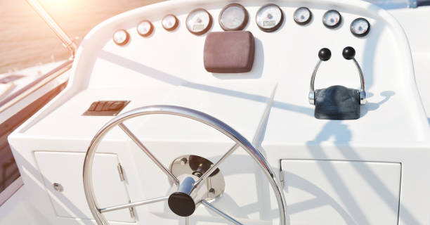 istock Steering wheel on luxury yacht cabin 1969038681