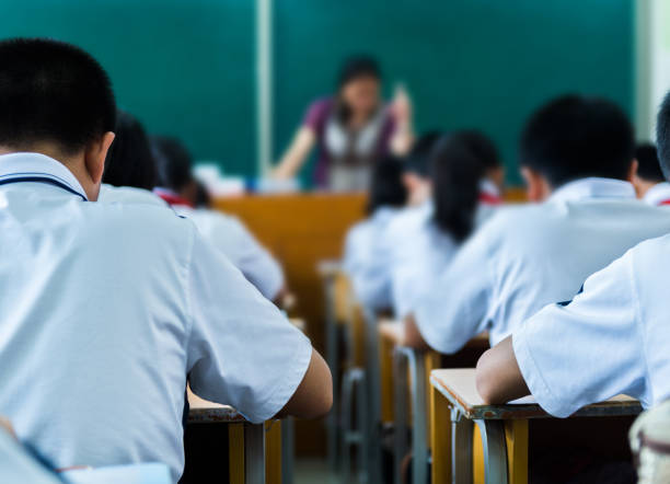 Rear view of middle school students studying in classroom