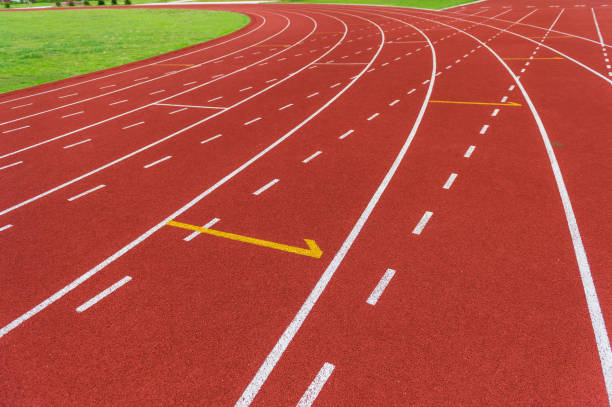 Rubber standard of athletics stadium running track stock photo