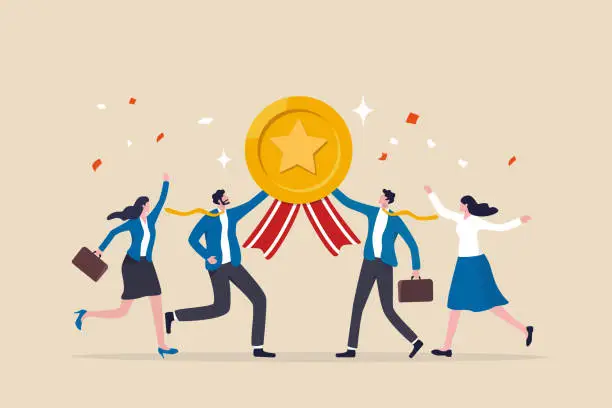 Vector illustration of Team achievement, high quality employees, teamwork to help success together, best quality service reward, high performance staffs concept, business people celebrate high quality badge achievement.