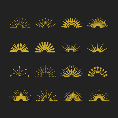 Creative set of golden half circle trendy abstract isolated different shapes sunbeams icons design elements template on black background