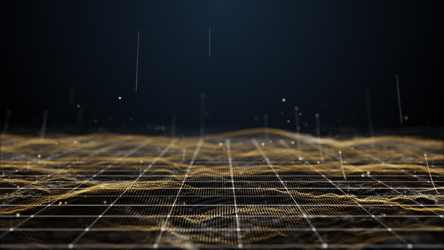 Futuristic flight through a digital line landscape, Brown dust particle.
