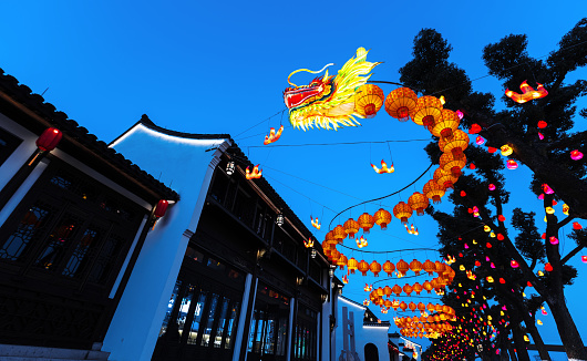 Chinese traditional illuminated dragon lantern at night town. Chinese lunar new year celebration decorations
