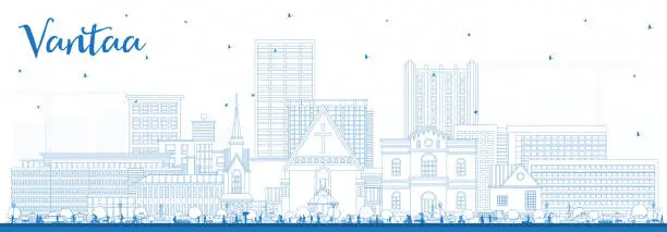 Vector illustration of Outline Vantaa Finland city skyline with blue buildings. Vantaa cityscape with landmarks. Business travel and tourism concept with modern and historic architecture.