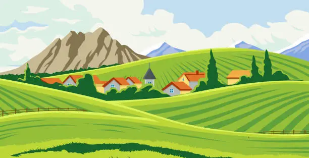 Vector illustration of beautiful view of the plantation with the village
