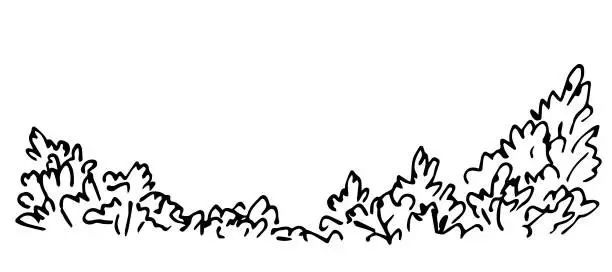 Vector illustration of Bushes and vegetation, hedges, fences. Nature and landscape, forest. Simple vector drawing with black outline. Sketch in ink.