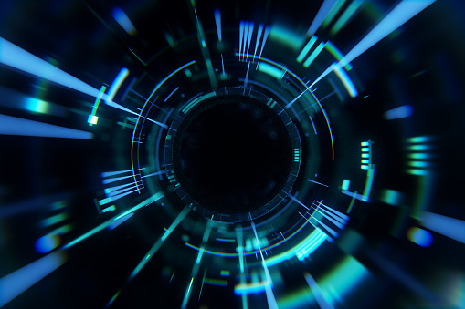 Abstract technology sci-fi background. Holographic digital tunnel