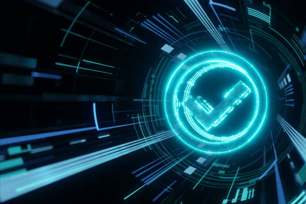 istock Approve, check mark symbol. 3d glossy icon on abstract technology background. 3d render 1969136427