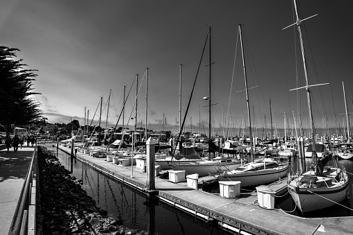 Moored boats at the docks of Monterey City in black and white - California.