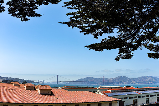 View to the Golden Gate Bridge from the heights of Fort Mason on a summer day in San Francisco, California.