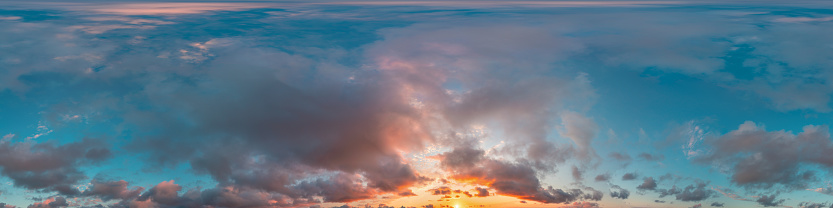 Dark blue sunset sky panorama with pink Cumulus clouds. Seamless hdr 360 pano in spherical equirectangular format. Full zenith for 3D visualization, game, sky replacement for aerial drone panoramas