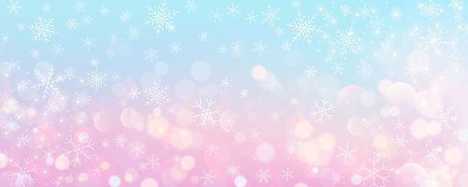 Christmas snowy background. Cold pink blue winter sky. Vector ice blizzard on gradient texture with bokeh and flakes. Festive new year theme for season sale wallpaper