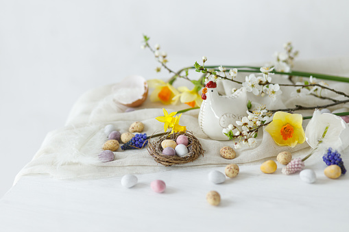 Happy Easter! Stylish easter chocolate eggs in nest, spring flowers, chicken figurine on white rustic wooden table. Easter modern simple banner, space for text. Seasons greetings