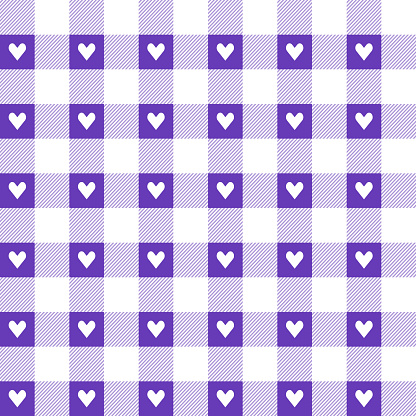 Purple plaid pattern with heart background. plaid pattern background. plaid background. Seamless pattern. for backdrop, decoration, gift wrapping, gingham tablecloth, blanket, tartan.