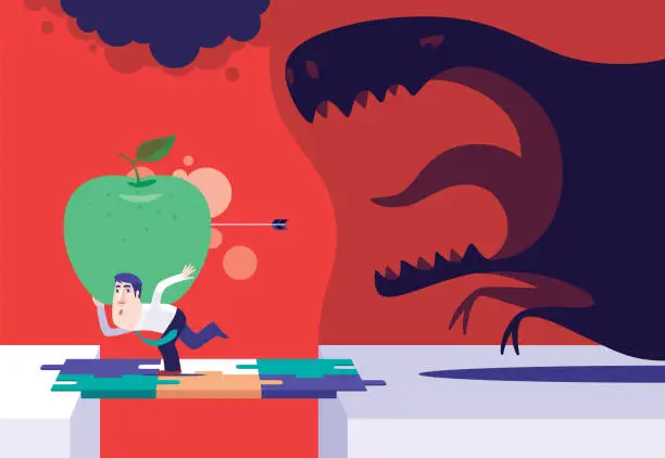 Vector illustration of dinosaur chasing businessman who carrying big apple on jigsaw bridge